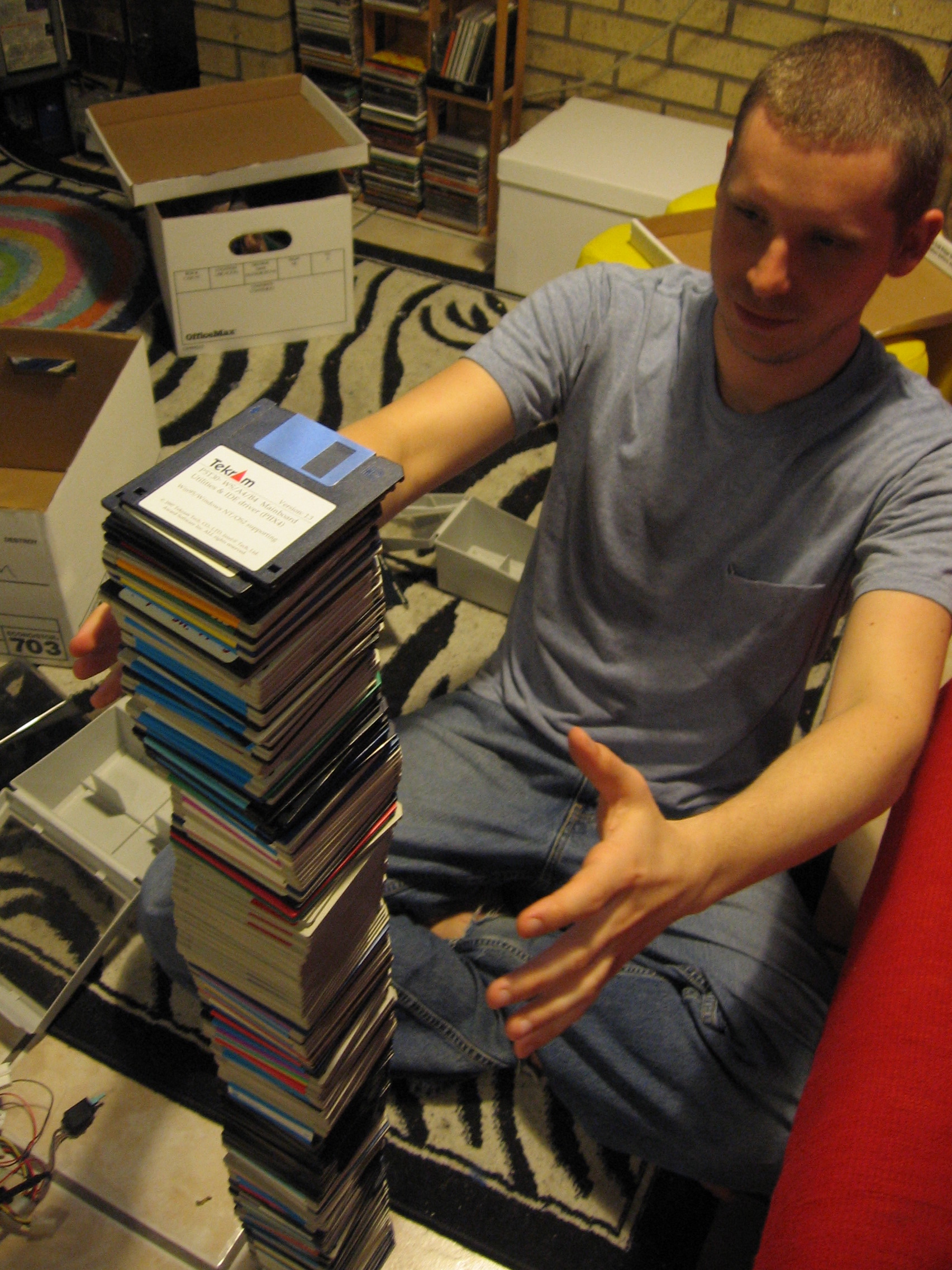 Balancing a tall stack of floppy disks